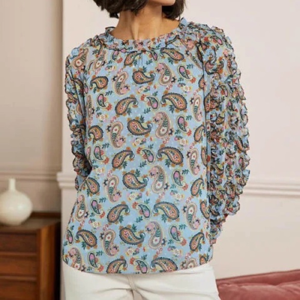 Boden dusty blue paisley bloom ruffle detail raglan blouse women’s size 12